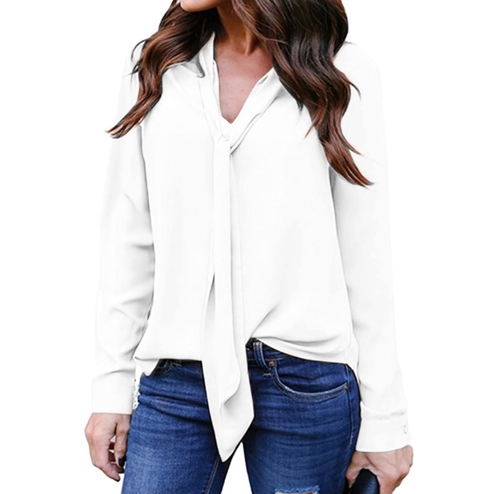 Women’s White Tie-Neck Blouse - Picture 3 of 5